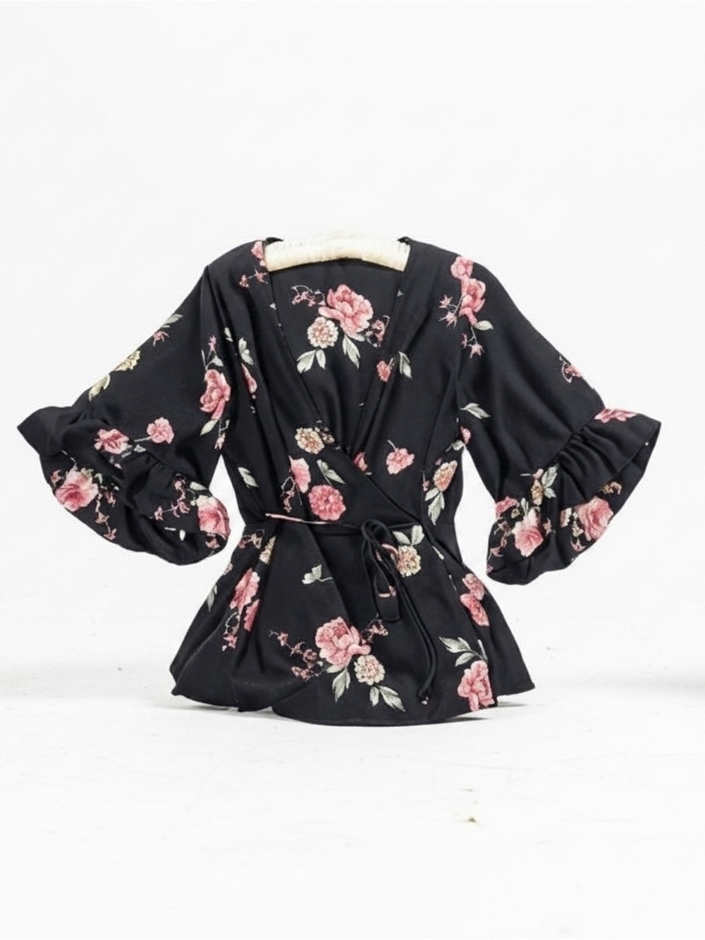 Pleione Black Floral Wrap Kimono with Pink Rose Accents